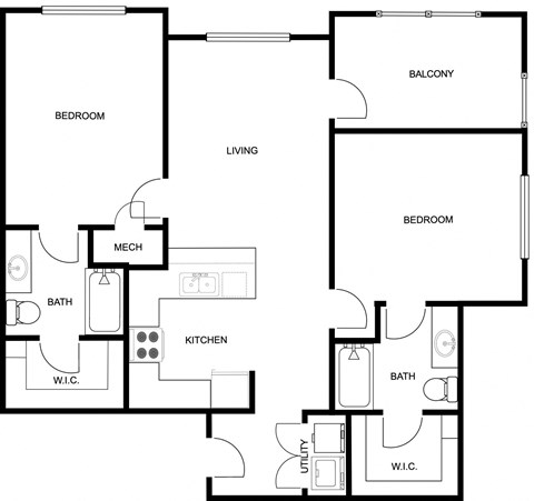 Floor plan for 2 beds, 2 baths, 1077 sqft